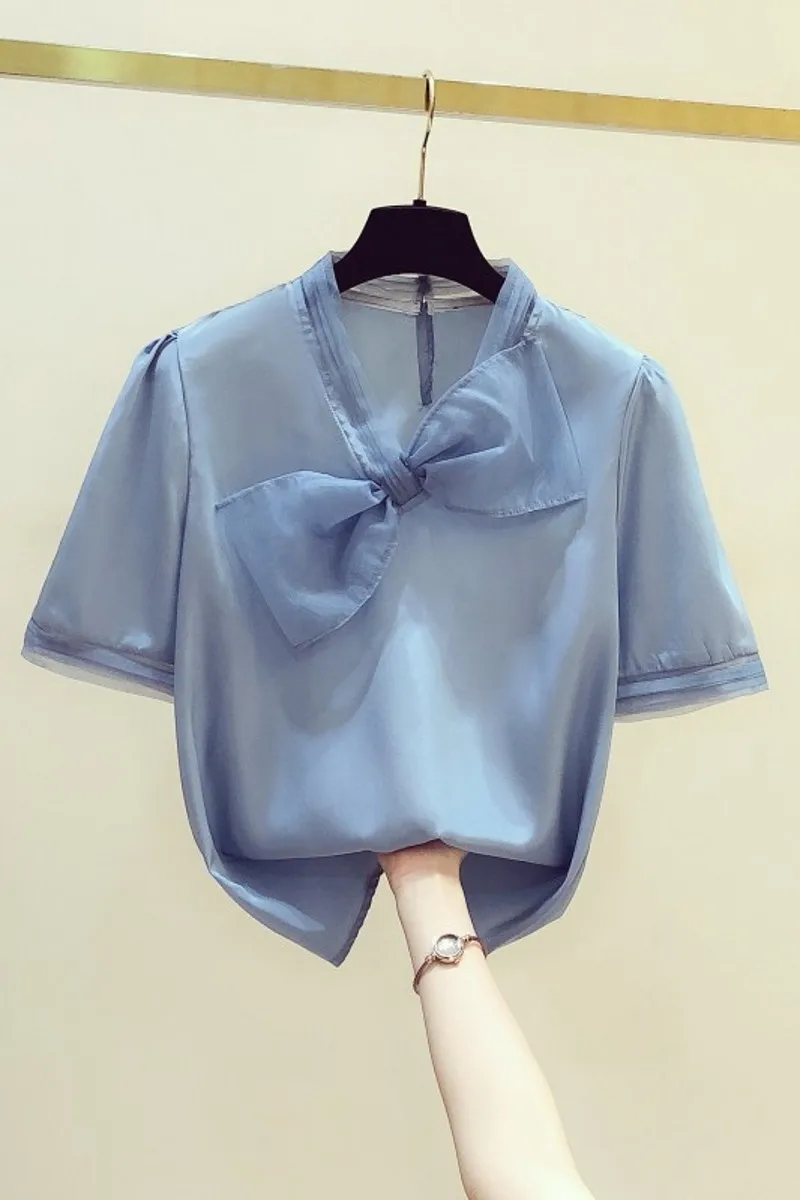 

2021 Summer New Korean Style Female Tops Fashionable Bow Round Neck Short Sleeve Shirt Women's Casual All-Matching Chiffon Shirt