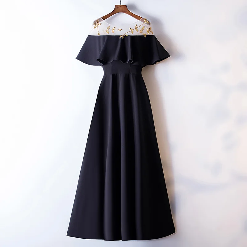 

Lady Sweet Ruffles Trim Evening Party Dress Black Vintage Elegant Long Banquet Gown Exquisite Appliques Trim A-Line Dresses