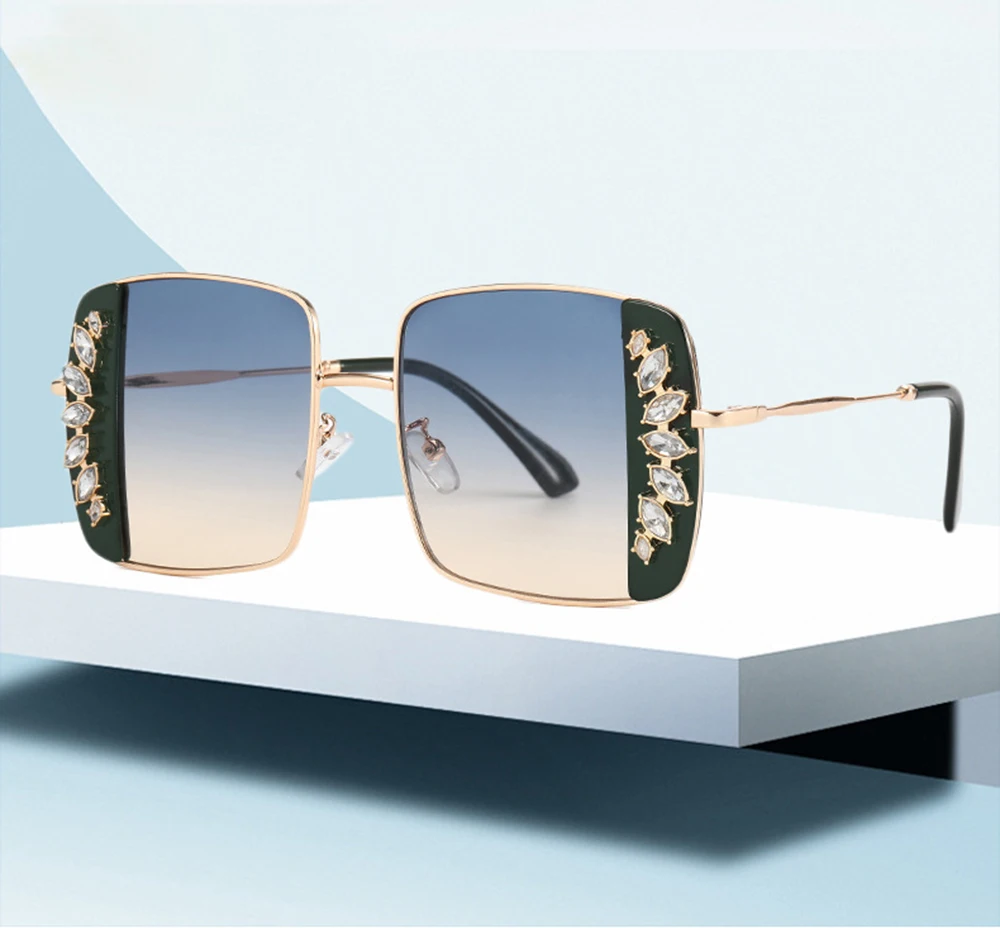 

Fashion Bling Diamond Metal Square Trendy Oversized Women Shades Sunglasses Rhinestone Party Pink Purple JDA3307