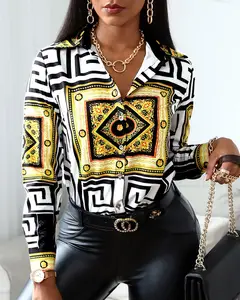 Женская Повседневная Осенняя блузка с длинным рукавом и принтом, рубашка на пуговицах и отложным воротником в стиле барокко, 2020