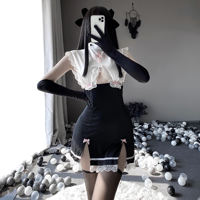 

Women Cosplay Maid Costumes Sexy Uniform Dress Backless Servant Cheongsam Miniskirt Lace Slim Sexy Outfit