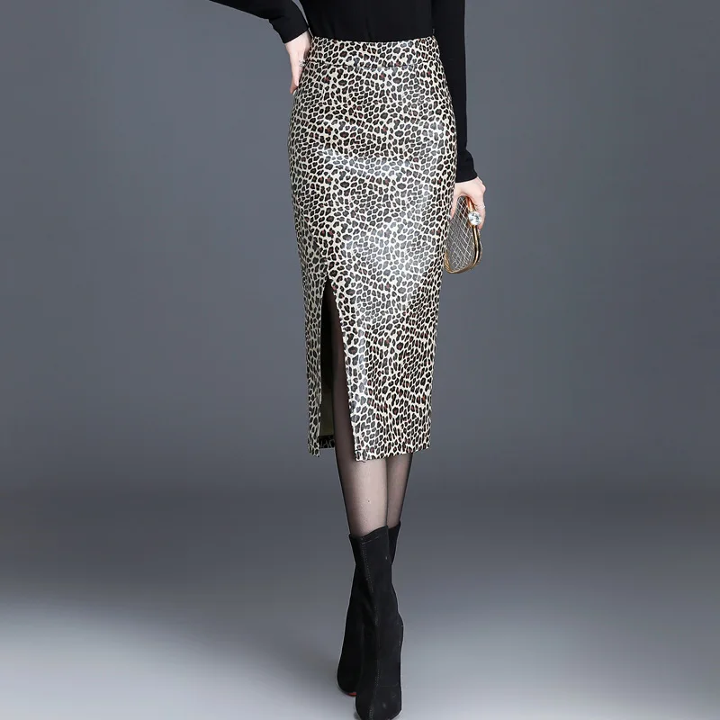 Leopard PU Leather Skirt Women 2021 New Midi Sexy High Waist Bodycon Split Office Pencil Plus Size | Женская одежда