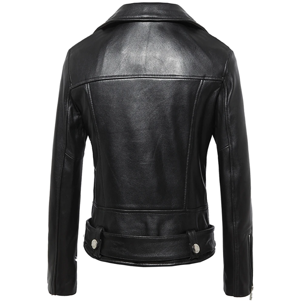 JAZZEVAR 2023 New Spring High Fashion Street Women Real Sheep Skin Leather Jacket Black Genuine Leather Short Motorcycle Jackets