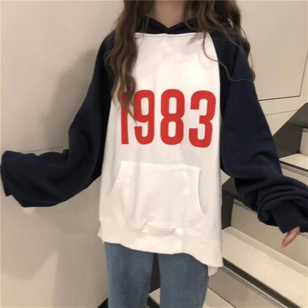 Women Color Block Long Raglan Sleeve Plush Warm Hoodie Pocket Autumn Sweatshirt