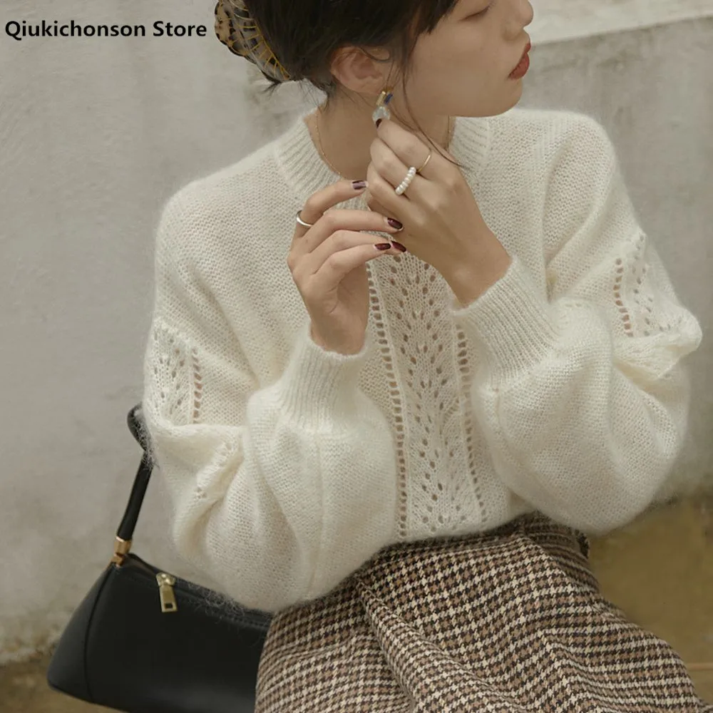 

Autumn Winter Women Top Long Sleeve Cream White Mohair Sweater Korean Fashion Cute Hollow Out Knitted Pullover Ladies Jumpers