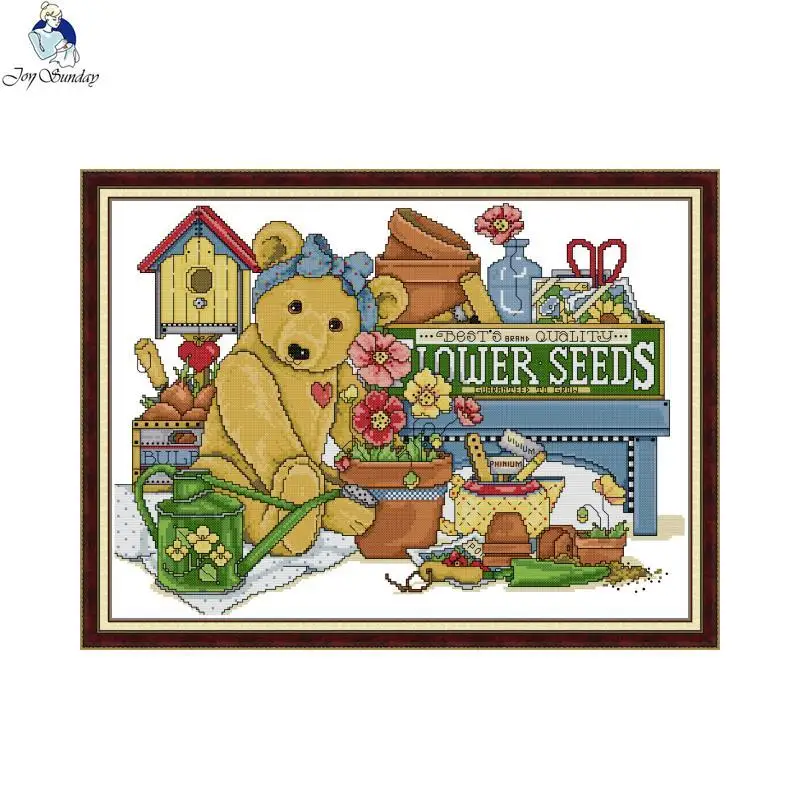 

Garden Bear Joy Sunday Cross Stitch Kit Cartoon Pattern 14CT 11CT Printed Canvas Fabric Embroidery Set DIY Children's Room Decor