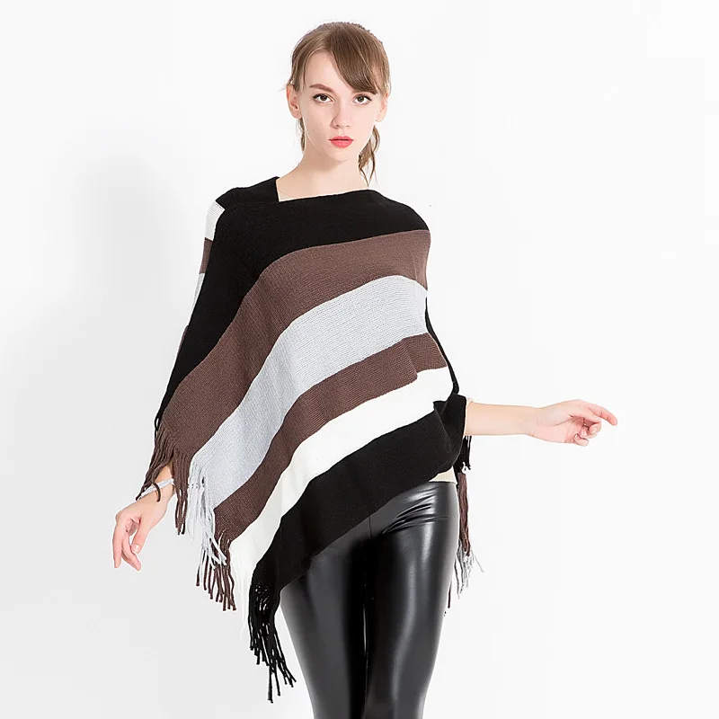 Осенне-зимний вязаный свитер с бахромой модные женские накидки + пончо