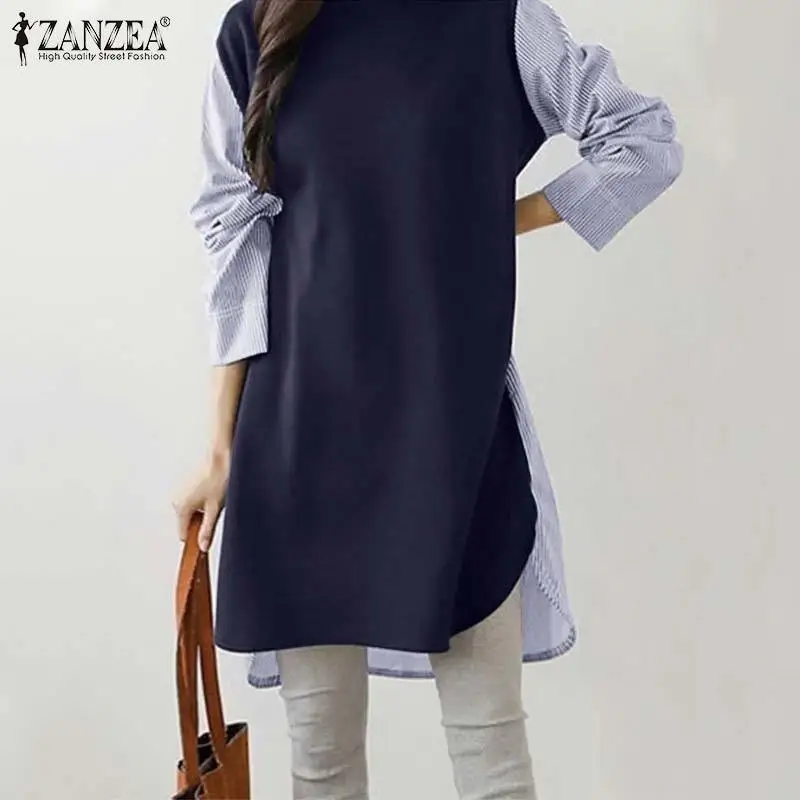 

Oversized Women's Spring Blouse ZANZEA 2022 Fashion Patchwork Tops Casual Long Sleeve Striped Blusas Female O Neck Tunic Chemise
