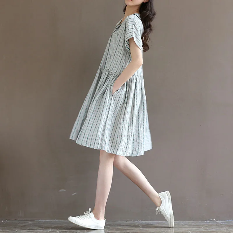 2020 Mori Girl Summer Women Casual Dress Peter Pan Collar Stripe Robe Femme Ete Short Sleeve Loose Cotton Linen Kawaii Dresses | Женская