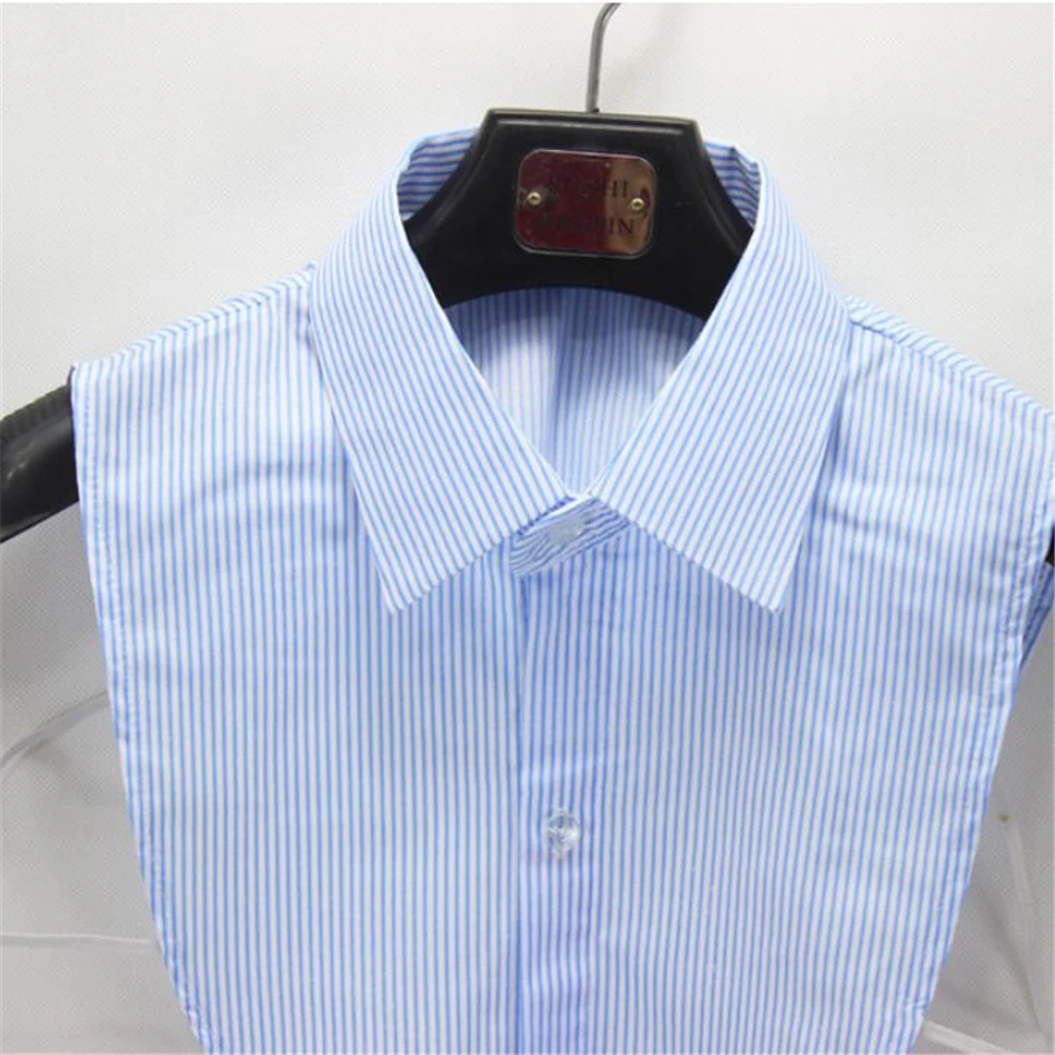 Женская блузка в бело синюю полоску с воротником обманкой съемный воротник