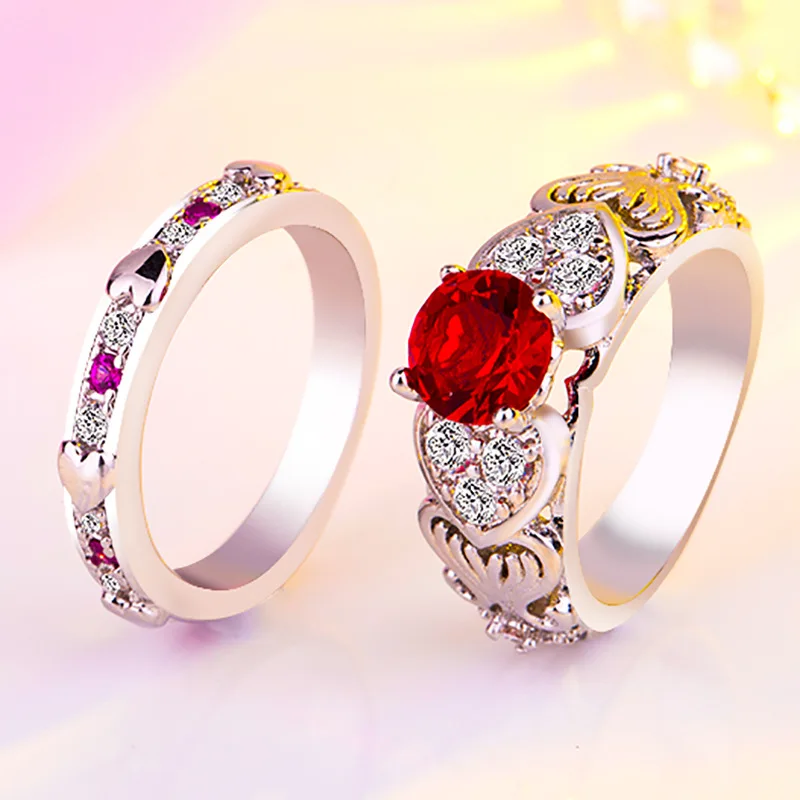 Красный 2/pc Romantic Heart Shape Crystal Engagement Wedding Ring for Women Pink/Red Gems Sets Ring for Anniversary Party Jewelry Gifts - Цвет камня: Красный