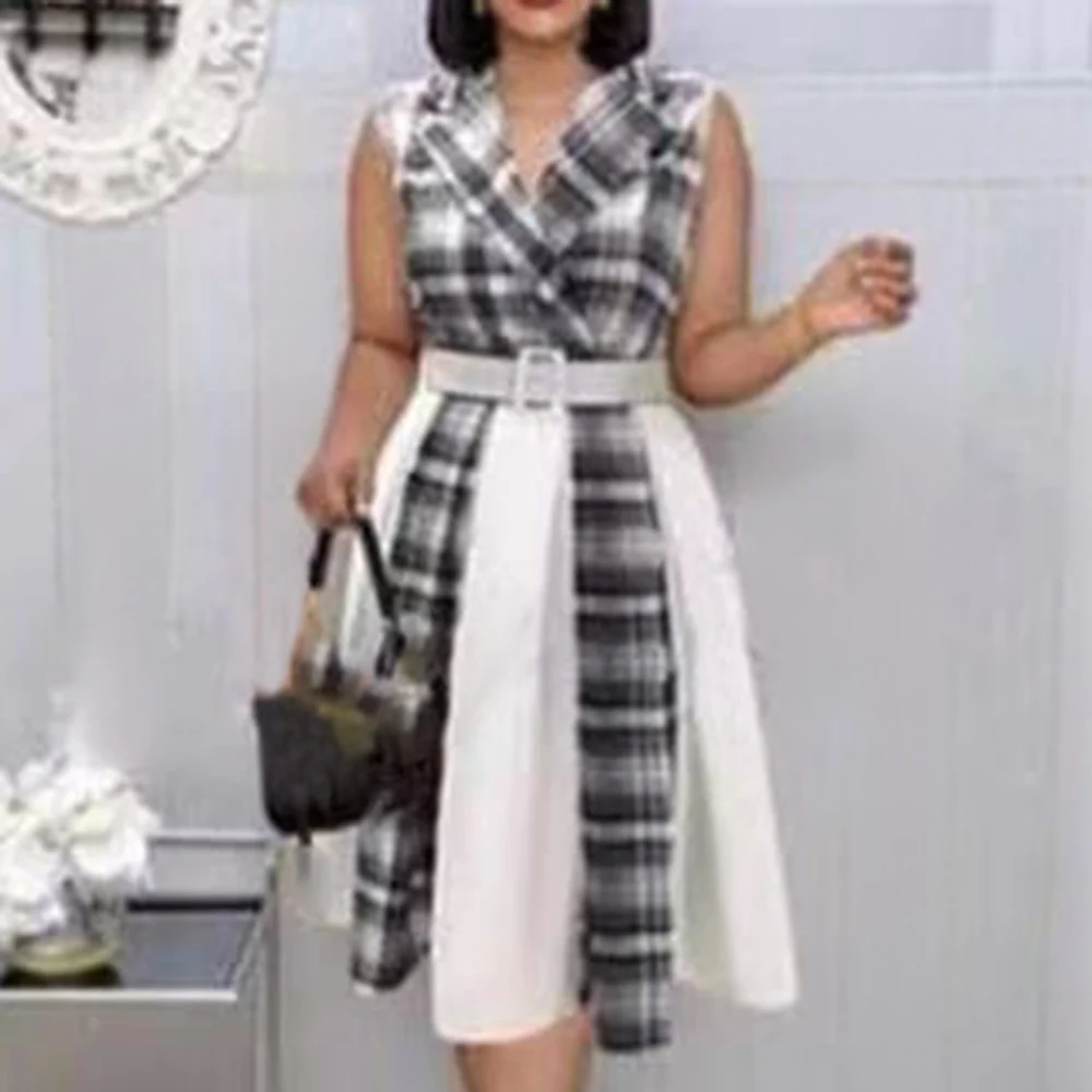 

Office Lady Women Summer Dress Spring Fashion Temperament Oversize Casual African Lattice Splicing Belt Lapel Sleeveless 2021