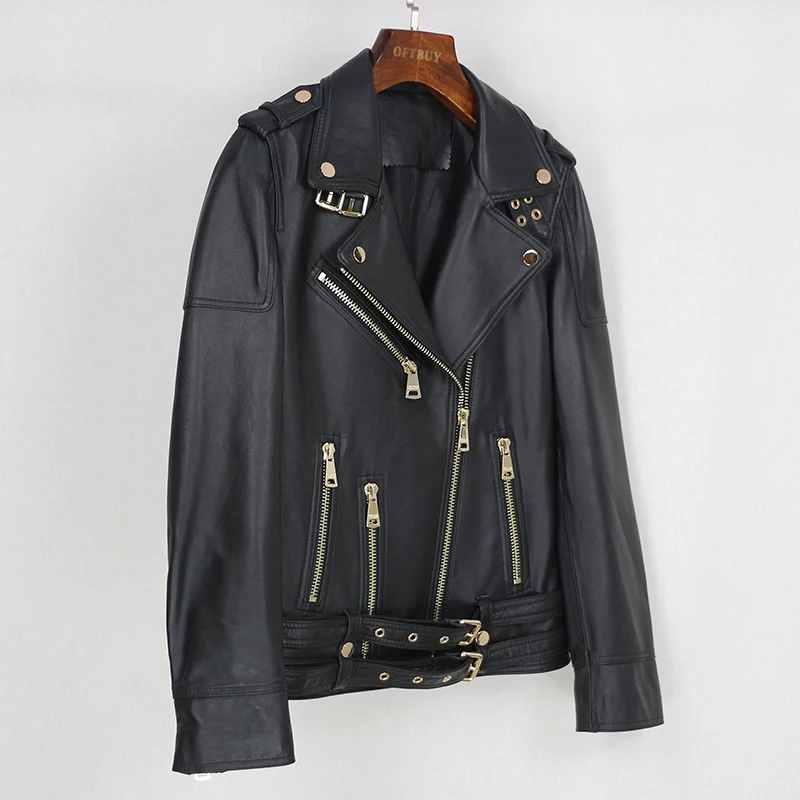 Весенняя женская куртка из натуральной кожи 2020 модная овечьей с поясом на молнии