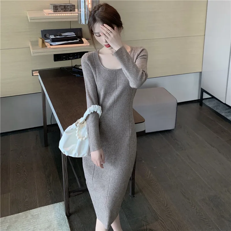 

Women Dress A-line Cotton Solid Color Round Neck Long Sleeve Mid-length Dress for Office Ladies Knitting Sweater Dress Sukienka