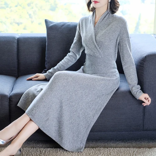 Зимние однотонные платья для женщин с V образным вырезом модное официальное