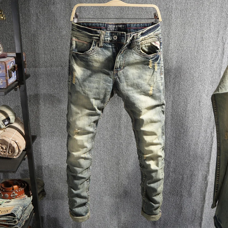

European Vintage Fashion Men Jeans Retro Distressed Slim Fit Ripped Jeans Men High Quality Casual Designer Cotton Denim Pants
