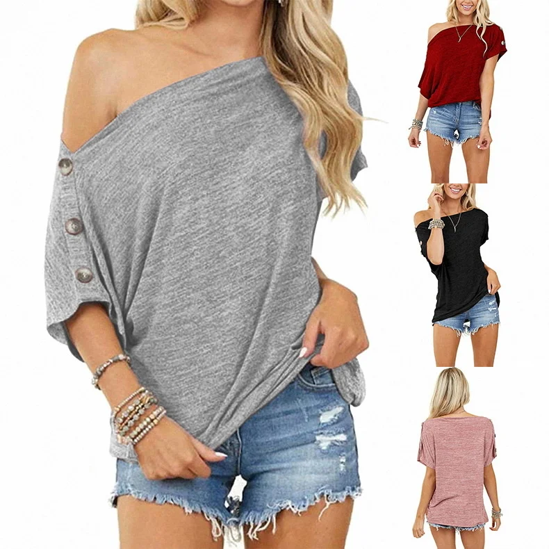 

2021 new women's top loose off shoulder button short sleeve T-shirt for women