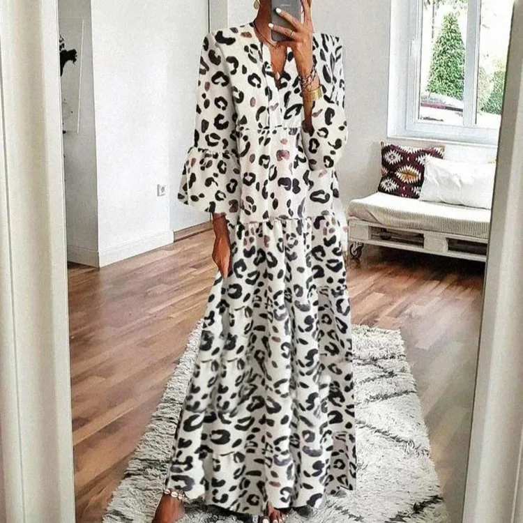 

WEPBEL Spring and Autumn Fashion Bohemian Leopard Print Dress Women's Casual Three Quarter Flare Sleeve V-neck High Waist Dress