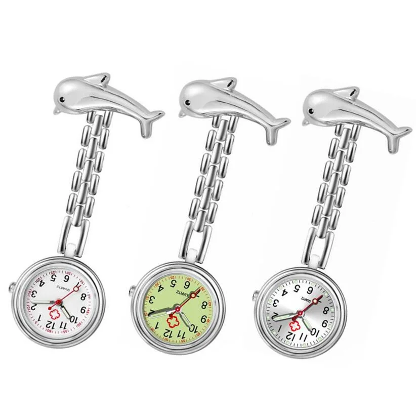 Dolphin Nurse Watch fish-shaped doctor Hanging Clock Noctilucent Cartoon Alloy Student Nurse Hospital Pocket Watch Silver 10pcs