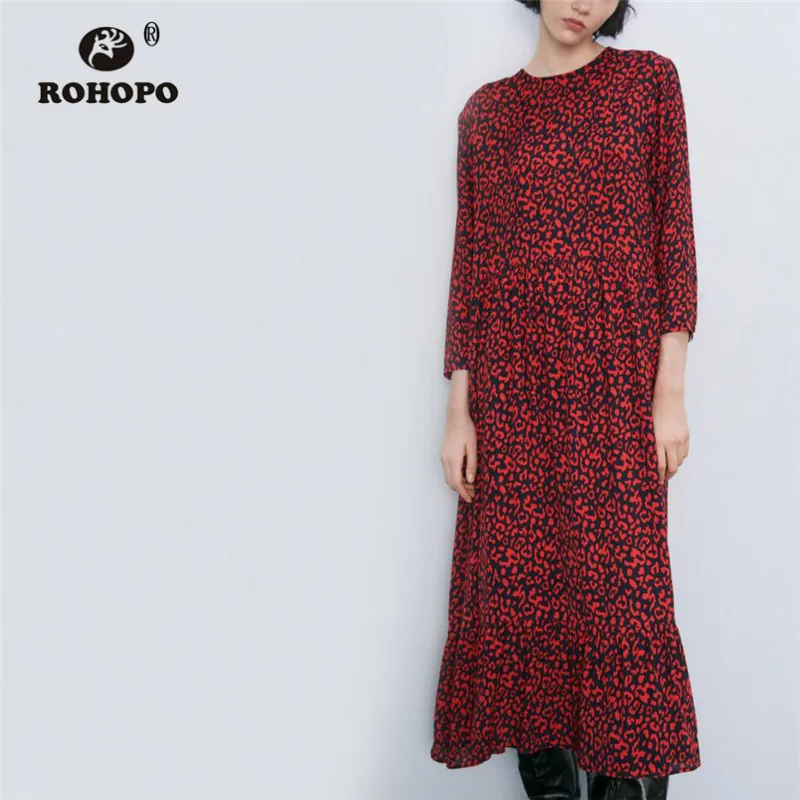 ROHOPO круглый воротник красный принт с животными длинный рукав черное платье миди