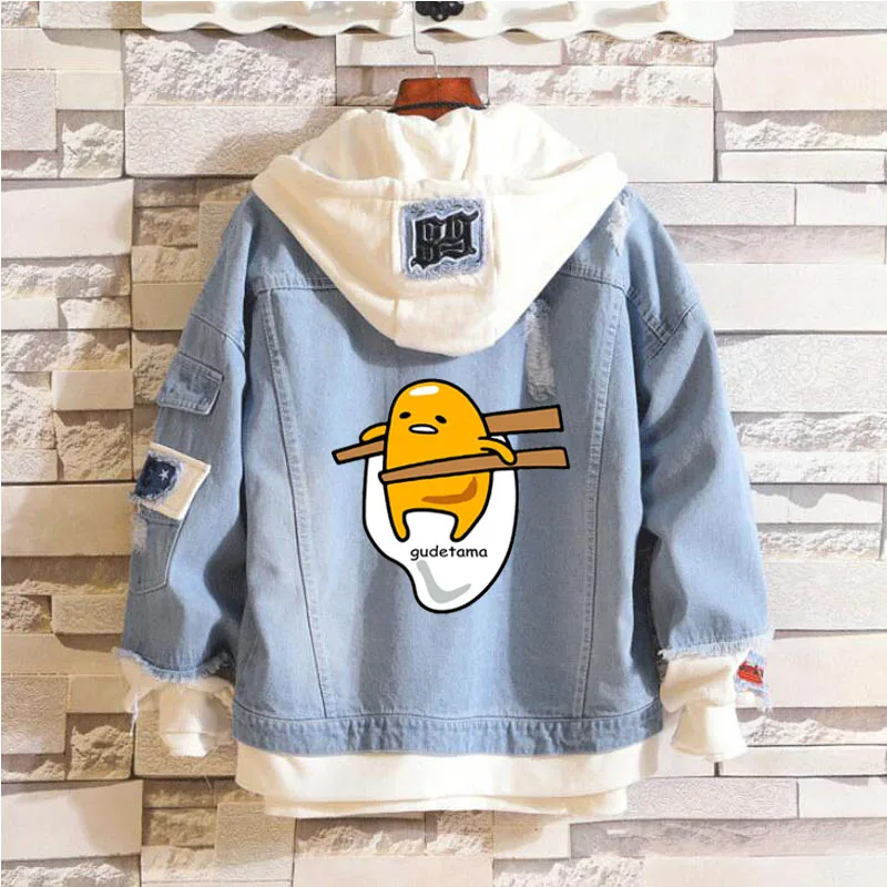 Аниме Gudetama повседневные толстовки унисекс ковбой поддельные два предмета Толстовка отверстие джинсовая женская куртка в стиле каваи пальто