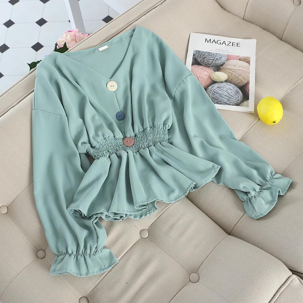 Women Blouse Shirts Элегантный женский расклешенный рукав v-образным вырезом Базовая шифоновая рубашка с оборками винтажный эластичный тонкий кардиган кнопка плиссированный пуловер, блузка, Топ - Цвет: Women Blouse Shirts