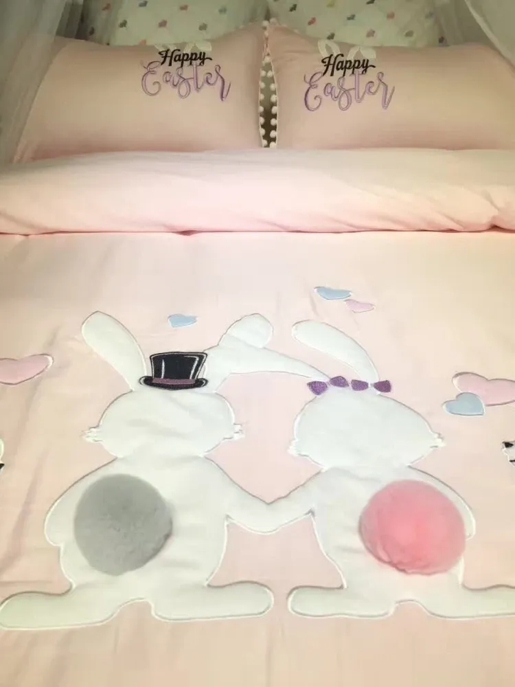 

Cute Rabbit Girls Duvet cover set 60S Egyptian cotton Pink Bedding set Queen King size 4/6pcs For Girl Bed linen sheet set Gift