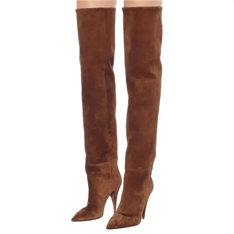 Pleated Knee Boots Women Slip On Thin High Heels Shoe Pointed Toe Ladies Slouchy High Boot Fashion Shoe Retro Sexy Large Size 45