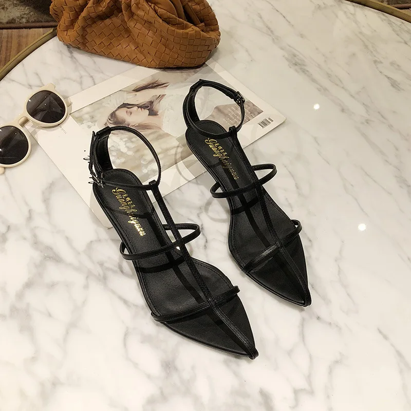 

2021 Sandals Comfort Shoes for Women Suit Female Beige Clear Heels All-Match Buckle Strap New Black Pointed Summer Low Girls Fas
