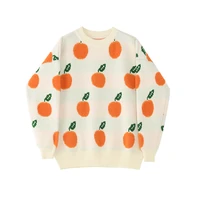2022 new autumn womens japanese style cute orange printing loose knitted pullovers long sleeve round neck loose sweater female