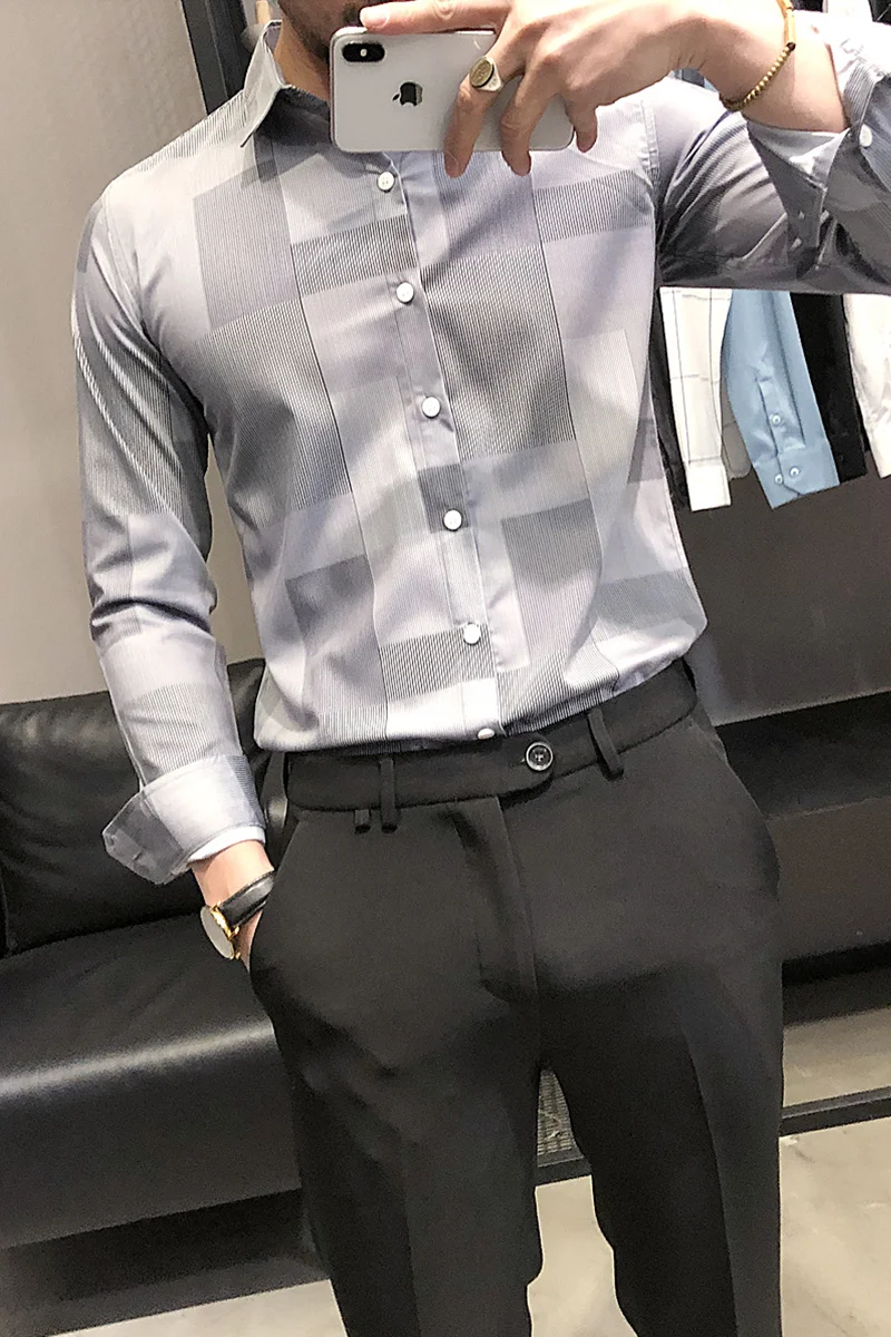 

Geometry Plaid Shirt Men 2021 Spring Casual Business Formal Dress Shirts Korean Slim Fit Long Sleeve Wedding Social Party Blouse