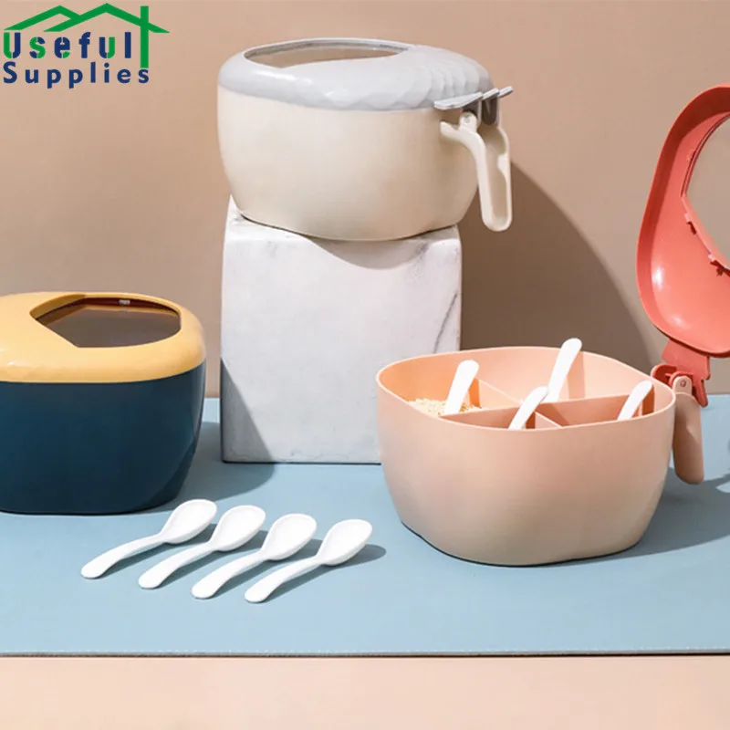 

4 Grids Set of Jars for Spices Condiments Organizer Condiment Storage Box with Lid and Spoon Kitchen Seasonings Organization