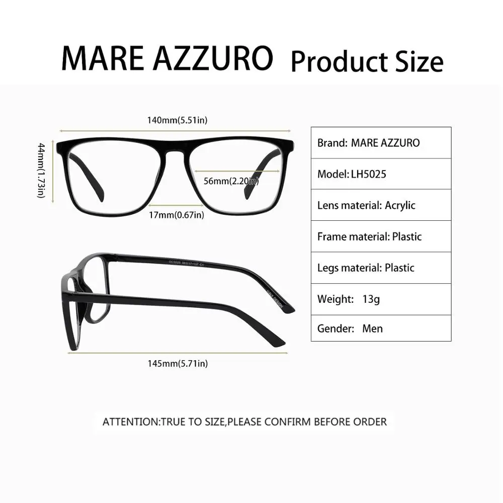 

Eyeglasses Reading Glasses Men Anti Glare Computer Glasses Frame Large Square Blue Light Presbyopia +1.0 To+4.0 5025 MARE AZZURO