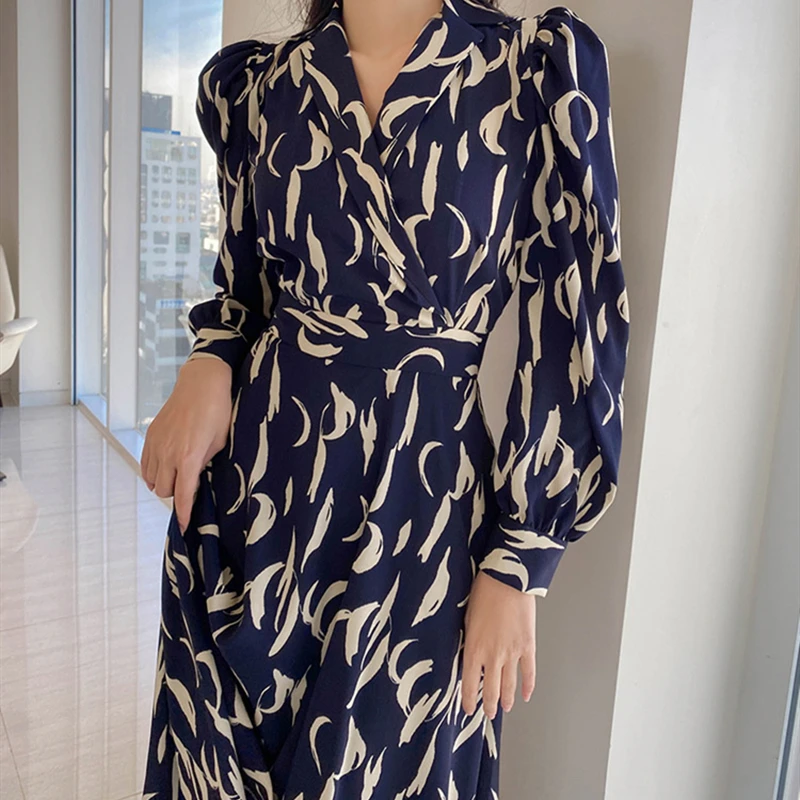 

Aibeautyer Autumn Fashion Summer Print Elegant Retro Women Vintage A Line Vestido Office Lady Shirt slim Dresses