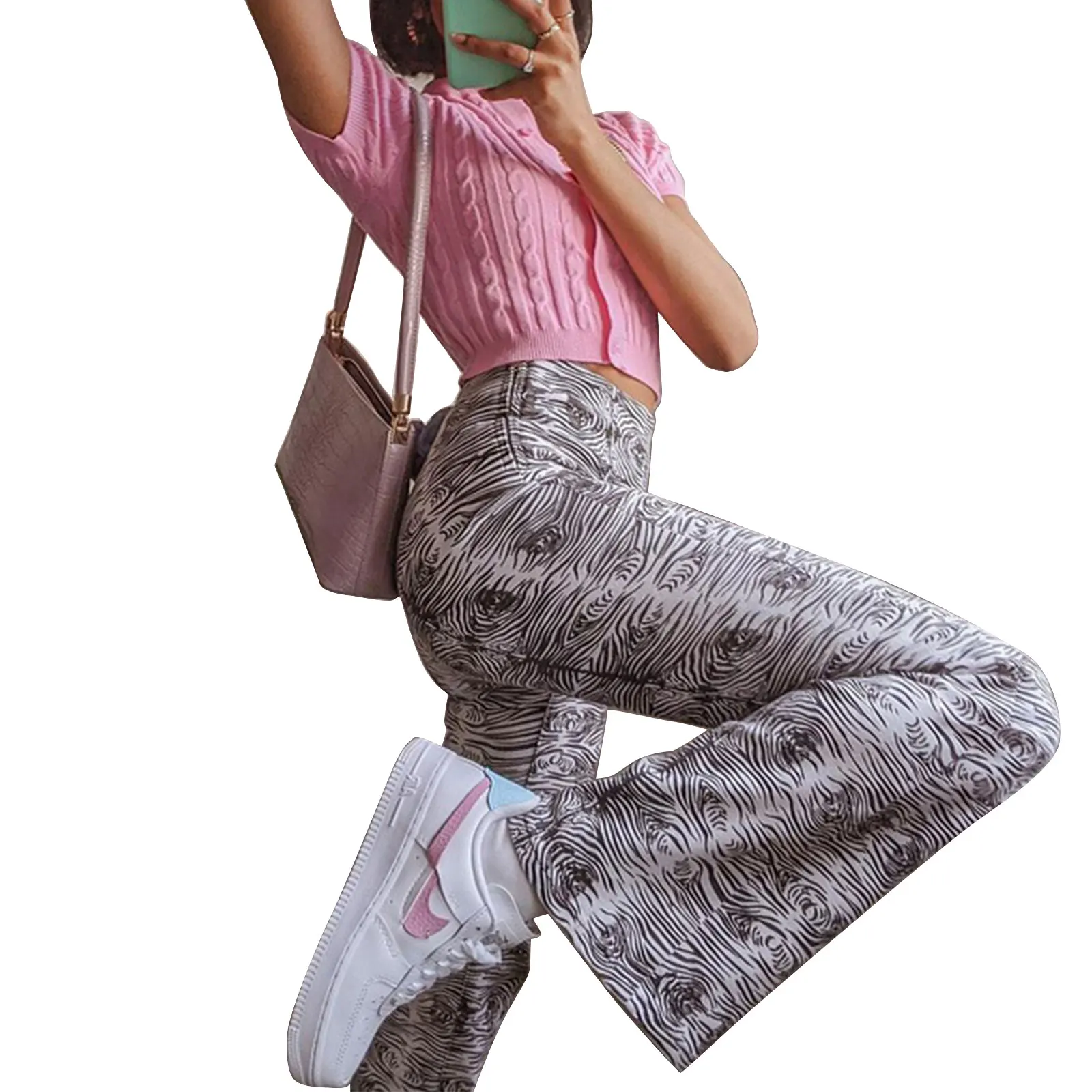

2020 Ladies Print Street Hipster Casual Pants Fashion High Waist Geometric Print Slim Fit Flared Flared Pants