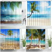 beach scene shower curtains tropical ocean view palm trees hawaii summer scenery sky landscape fabric bathroom decor sets hooks
