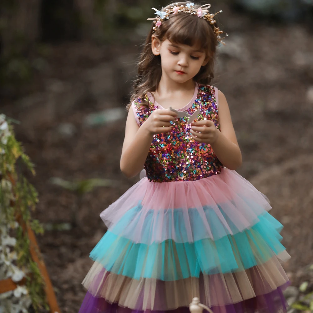

Western Style Girl Wedding Dress Flower Girl Birthday Dress for 6 Years Old Layered Colorful Kid Evening Dress for Party