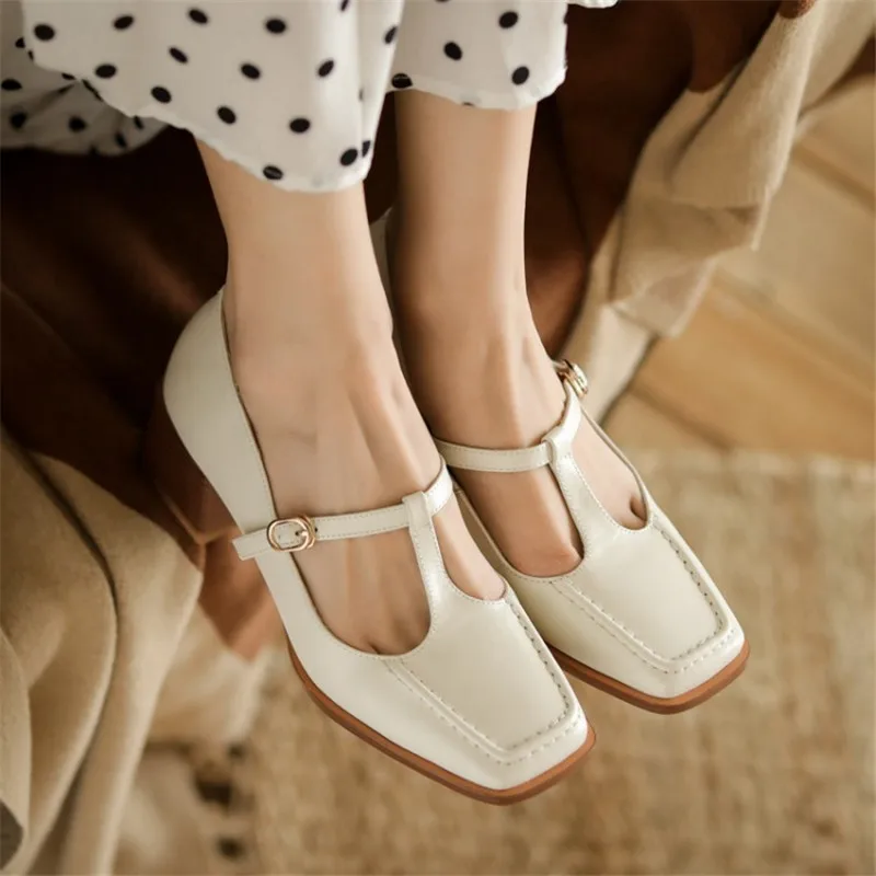

Spring Women Shoes Soft Heel Retro Mary Jane Single Shoes Square Toe and Chunky Heel Pumps 5 CM Shoes Plus Size 34-43