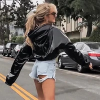 ladies sleek and shiny slim fit street casual wear 2021 new spring fashion jacket pu leather shiny hoodie womens sweater short