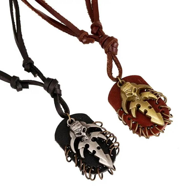 Vintage Punk Skull Long Necklace Retro Genuine Leather Chain Men Metal Rock Hiphop Coin Pendant Women Adjustable Fashion Jewelry | Украшения