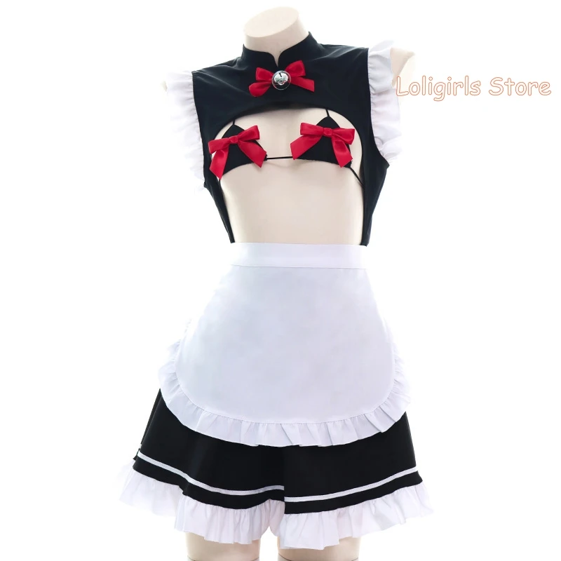 

Lolita Cute Bowknot Maid Outfit Bells Homewear Pajamas Women Hollow Out Sexy Apron Ruffle Sweet Private Room Nightdress Cosplay