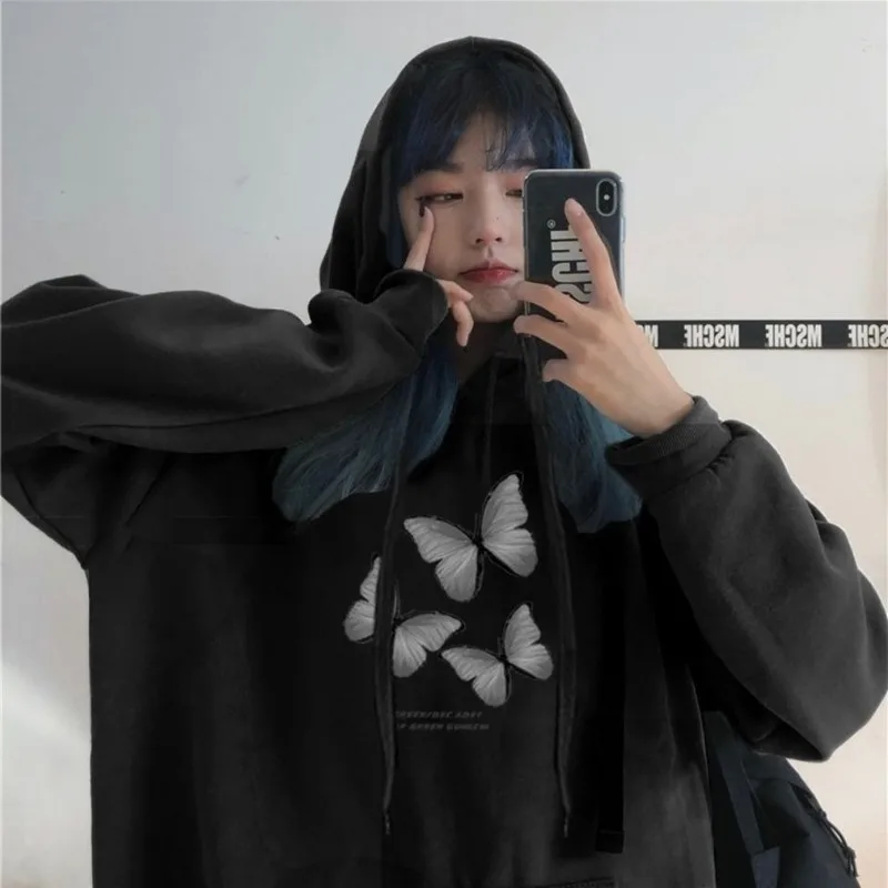 

KOSAHIKI Butterflies Print Loose Casual Women Sweatshirt Ins Retro Korean Hooded Pullover Students Spring Fleece Female Hoodies