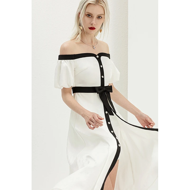 YIGELILA Latest Fashion Patchwork Dress Slash Neck Short Sleeves With Belt Dress A-line Single Breasted Mid-calf Dress 65384