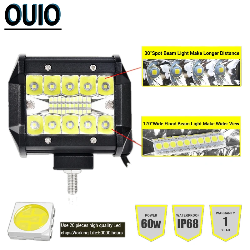 4х4 внедорожный светодиодный светильник бар 60W рабочий 12V головной для