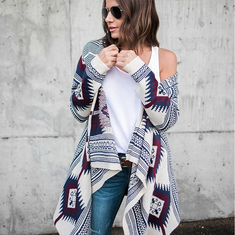 Женский вязаный кардиган длинные свитера в народном стиле повседневный