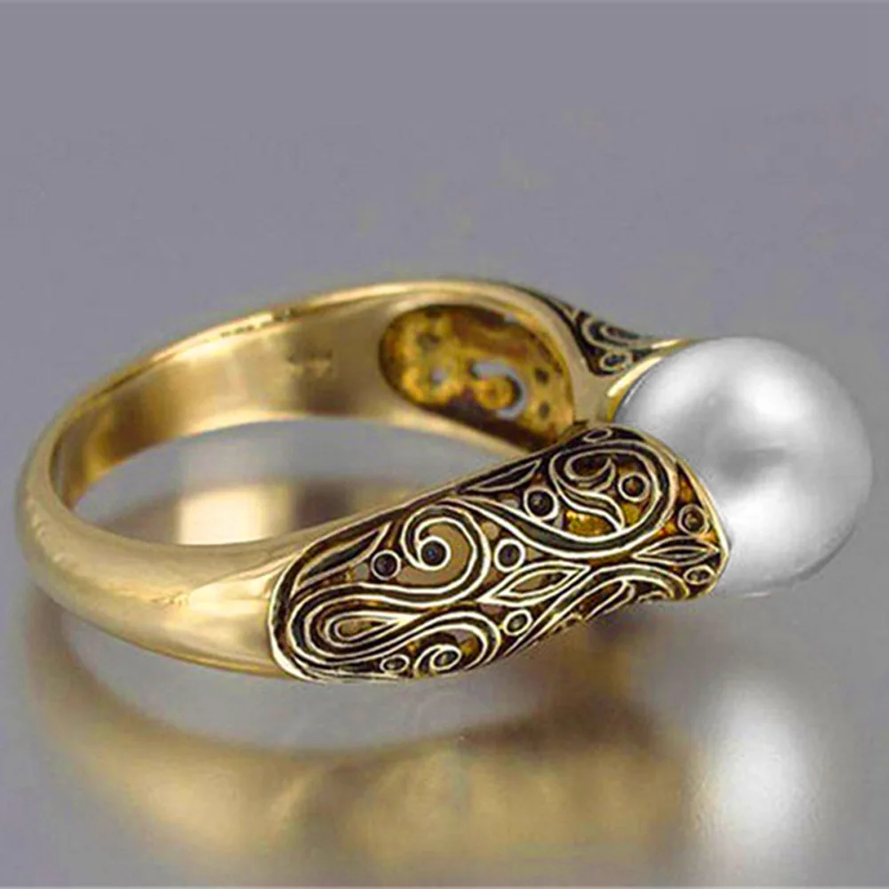 

925 Sterling Silver Female Golden Jewelry Ring Finger Beautifully Exquisite 8mm Pearl Wedding Circle Ring for Women Girl