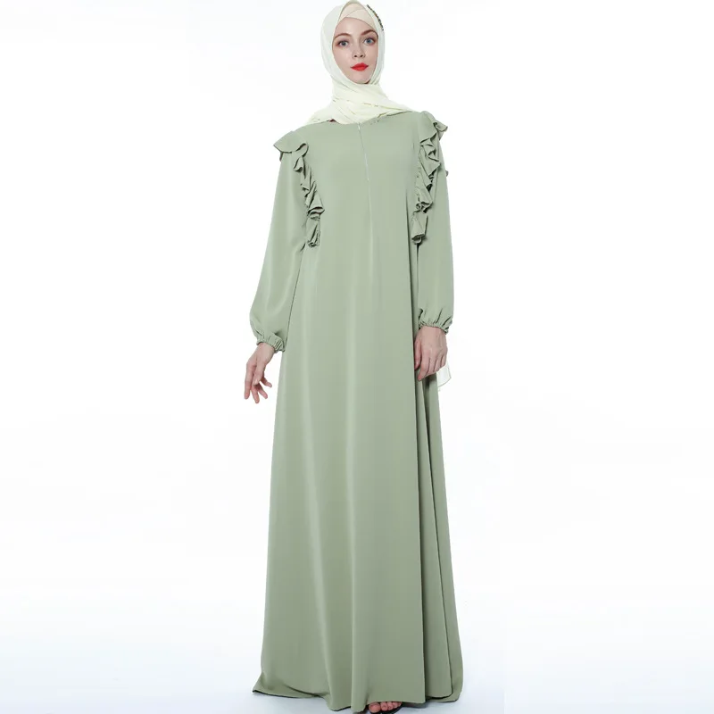 2021 Muslim New Wooden Ear Edge Casual Dress Ins Muslim Dubai Fashionable Temperament Robe Woman American Clothing Kaftan