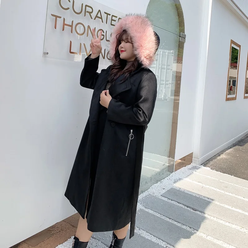 Real fur collar Женское шерстяное пальто с поясом размера плюс, новинка, Женское пальто, зима-осень, Тренч с меховым воротником, женская верхняя одежда, 5XL - Цвет: Real fur collar