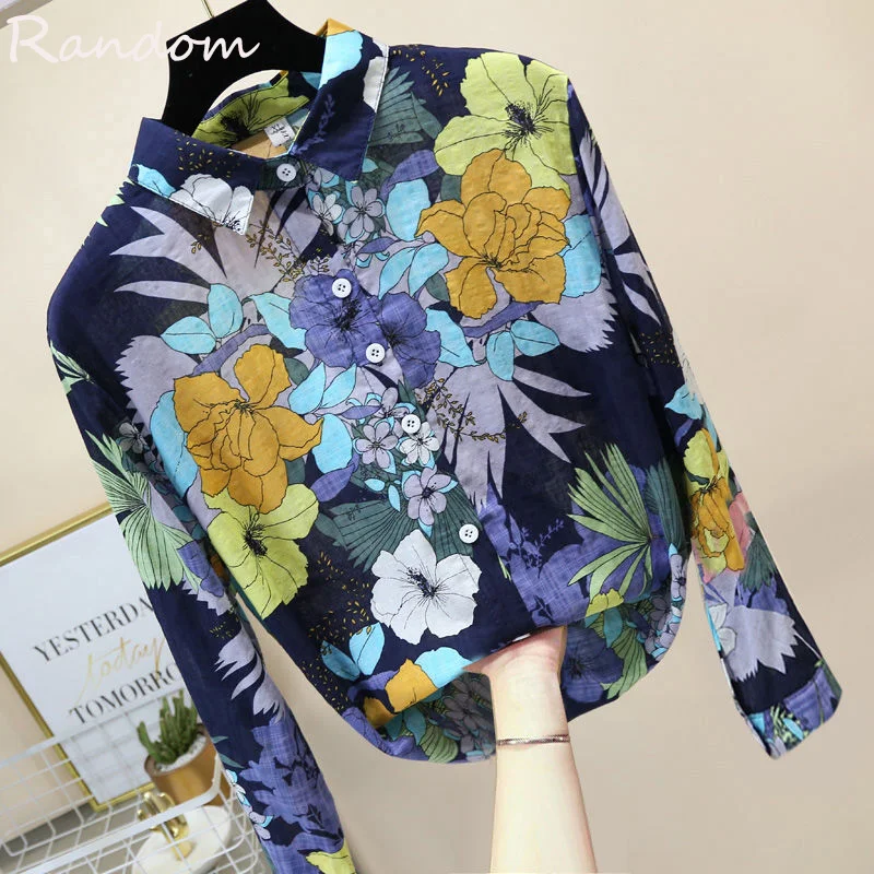

Блузка женская с цветочным принтом, повседневный Топ с длинным рукавом, модная винтажная рубашка в Корейском стиле, уличная одежда, большие ...