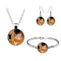 van gogh painting klimt kiss art photo jewelry set glass pendant necklace earring bracelet totally 4 pcs for women fashion gifts